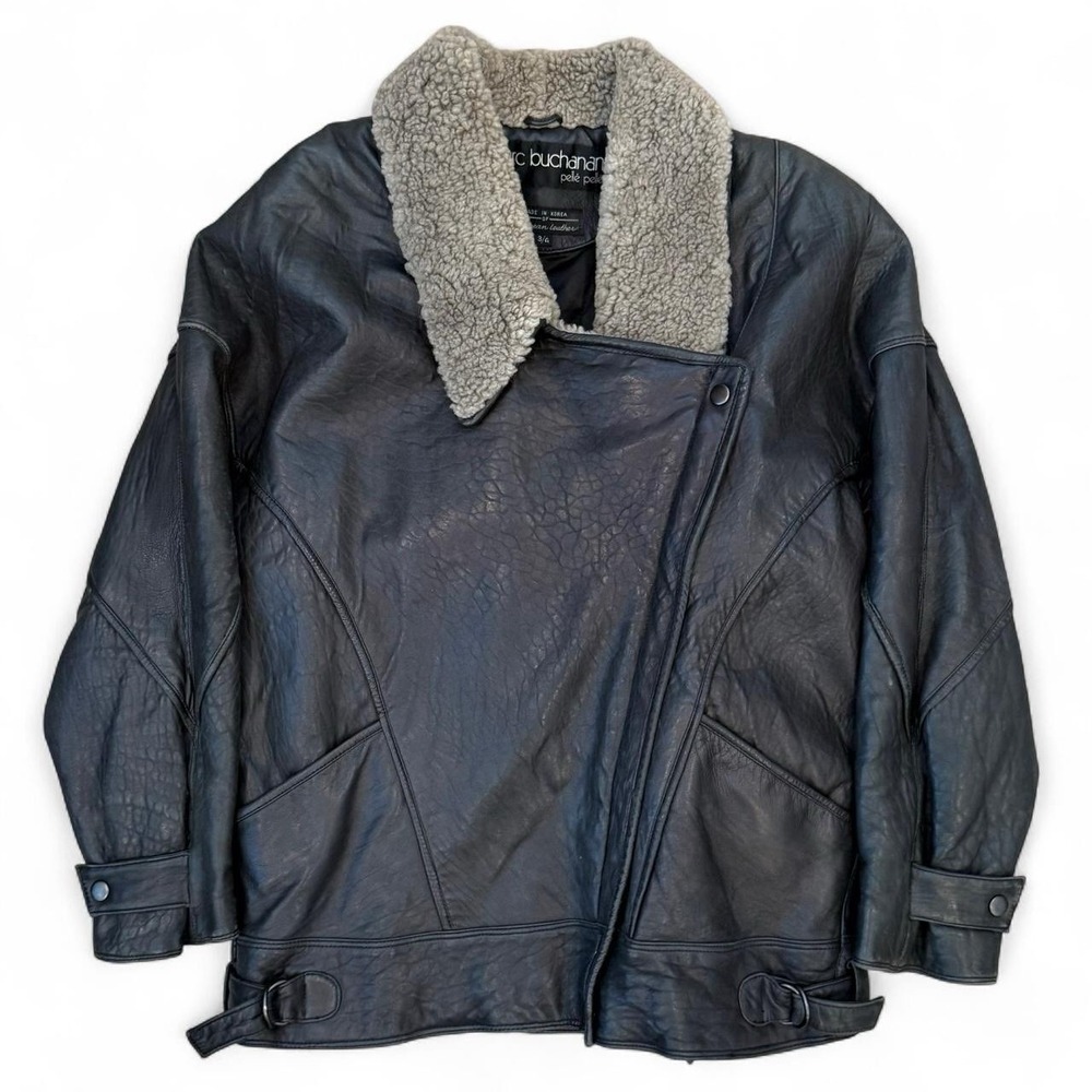 Vintage Pelle Pelle Marc Buchanan Sherpa Collared Black Leather Jacket 90s Y2K